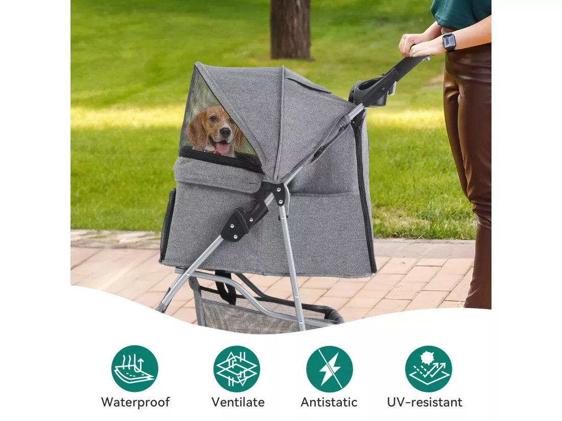 YITAHOME Poussette pour Chiens Petite et Moyenne Taille - 4 Roues avec Panier de Rangement - Pliable - avec Porte-Gobelet - Gris