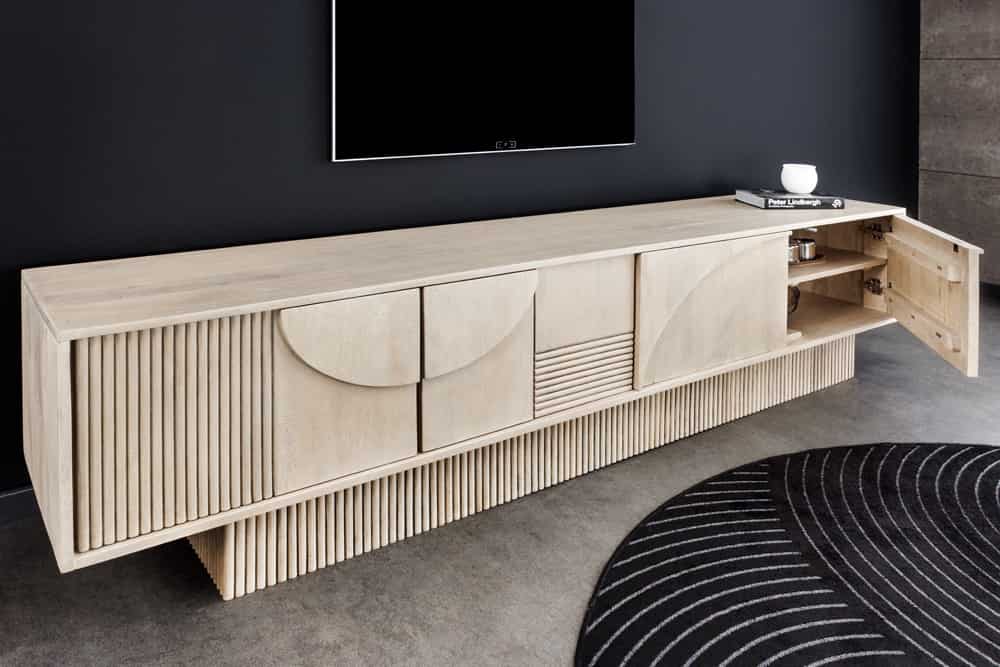 Massivholz TV-Lowboard ART DECO 200cm weiß gekälkt Mangoholz 3D-Front