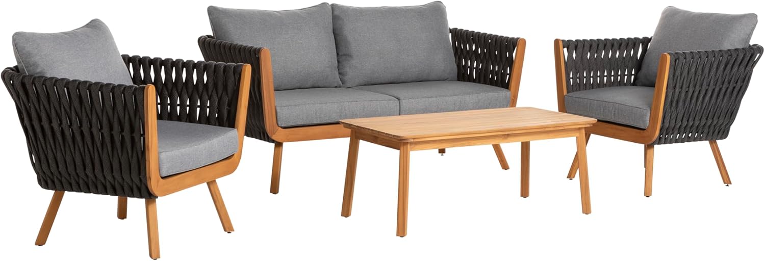 Dehner Garten-Lounge Granada, 4-teilige Outdoor Sitzgruppe, 1x Sofa / 2X Sessel, je inkl. Polster, 1x Tisch, Aluminium/FSC® zertifiziertes Teakholz/Polyester, braun/grau