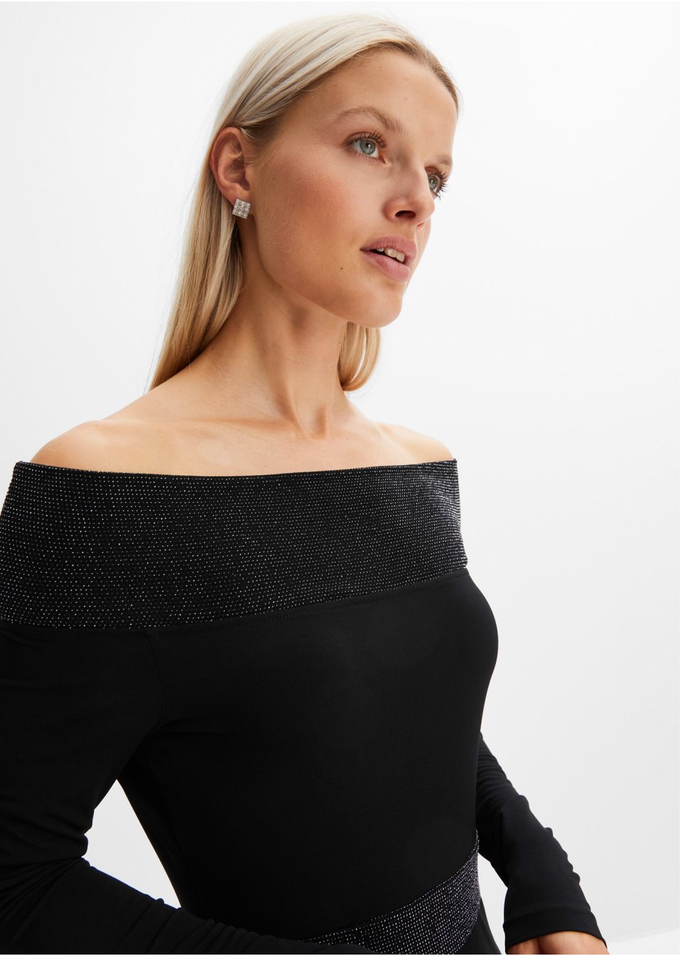 Robe en polyester recyclé à encolure Bardot avec effet brillant