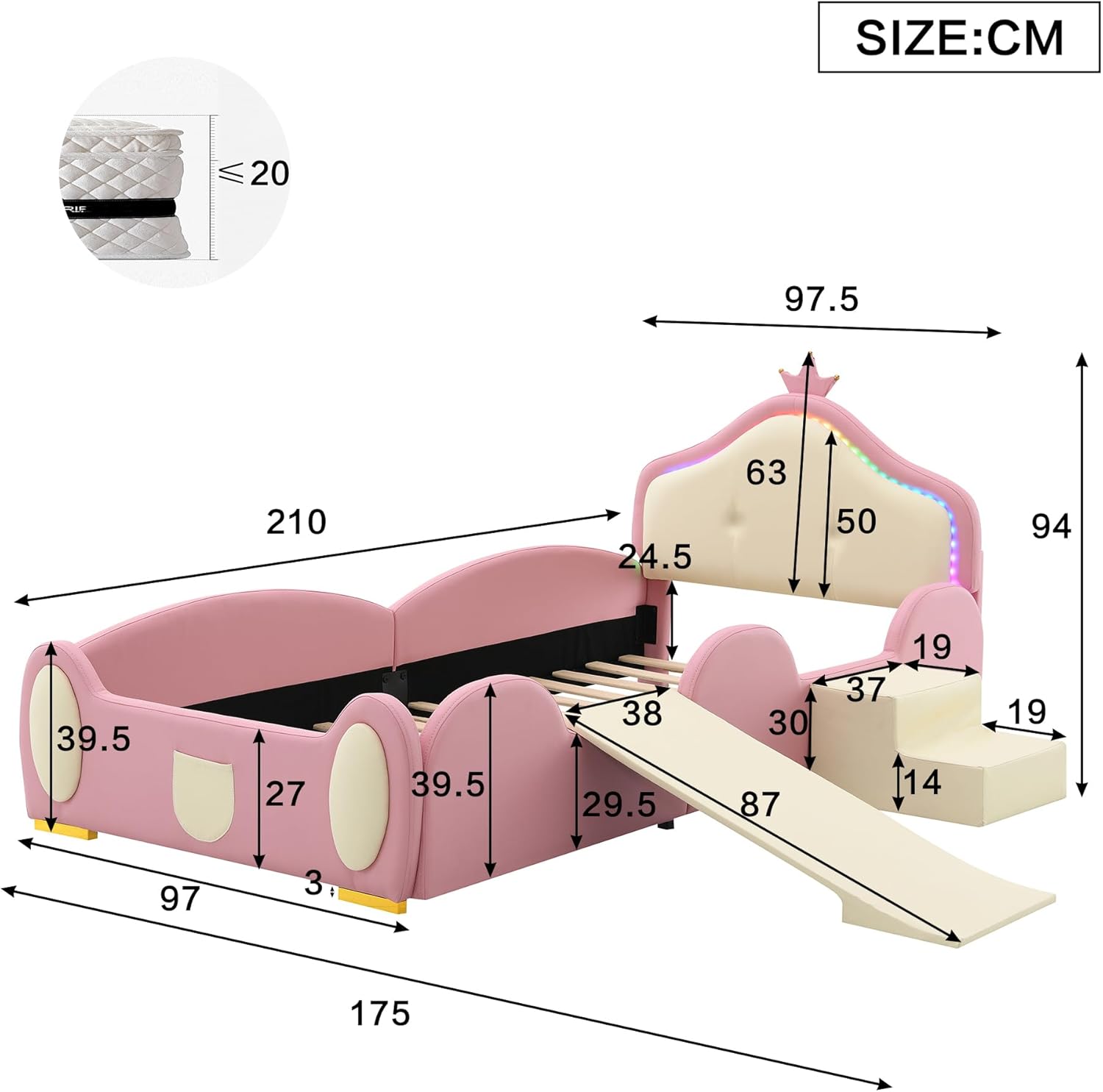 Polsterbett, Crown Cartoon Bett mit mehrfarbigem Multi-Mode-LED-Streifen, Kinderbett mit Kleiner Rutsche und Treppe, mit schützenden weichen Kanten, mit Holzlatten, PU, Rosa + Beige, 90x200cm