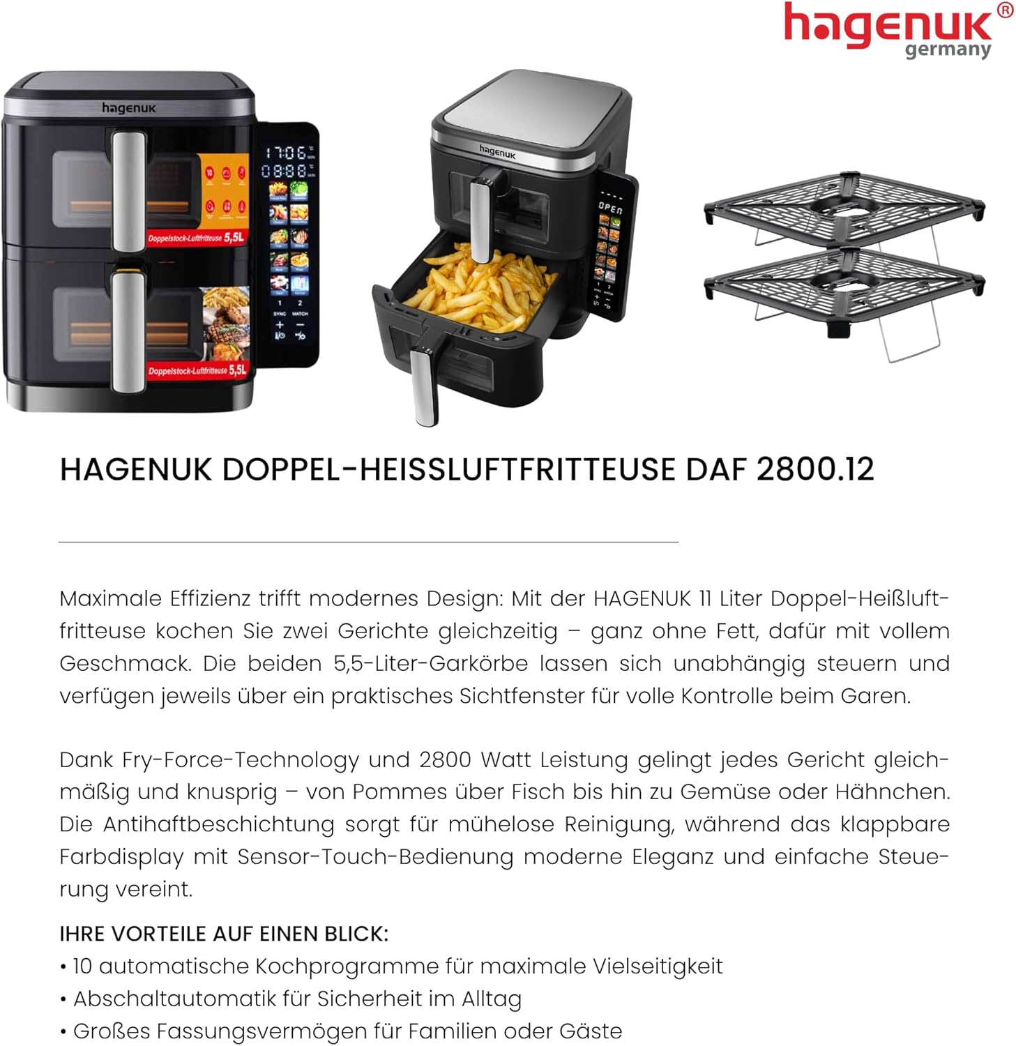 Premium Doppel-Heißluftfritteuse 2×5,5L mit Sichtfenster, 10 Programmen, Grill-Einsatz, Touchdisplay, Sync-Match-Funktion, 2800W, Modell DAF 2800.12 Designed in Germany