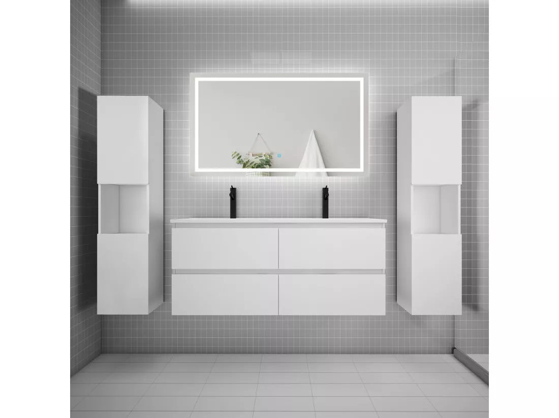Ensemble meuble de salle de bains 120cm, vasque + colonne + LED miroir mural,blanc