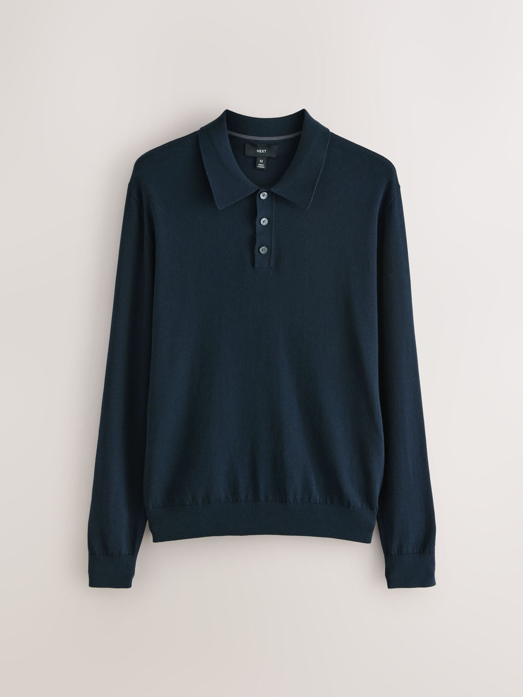Donkerblauw - Normale Pasvorm - Katoenrijk gebreid poloshirt met lange mouwen