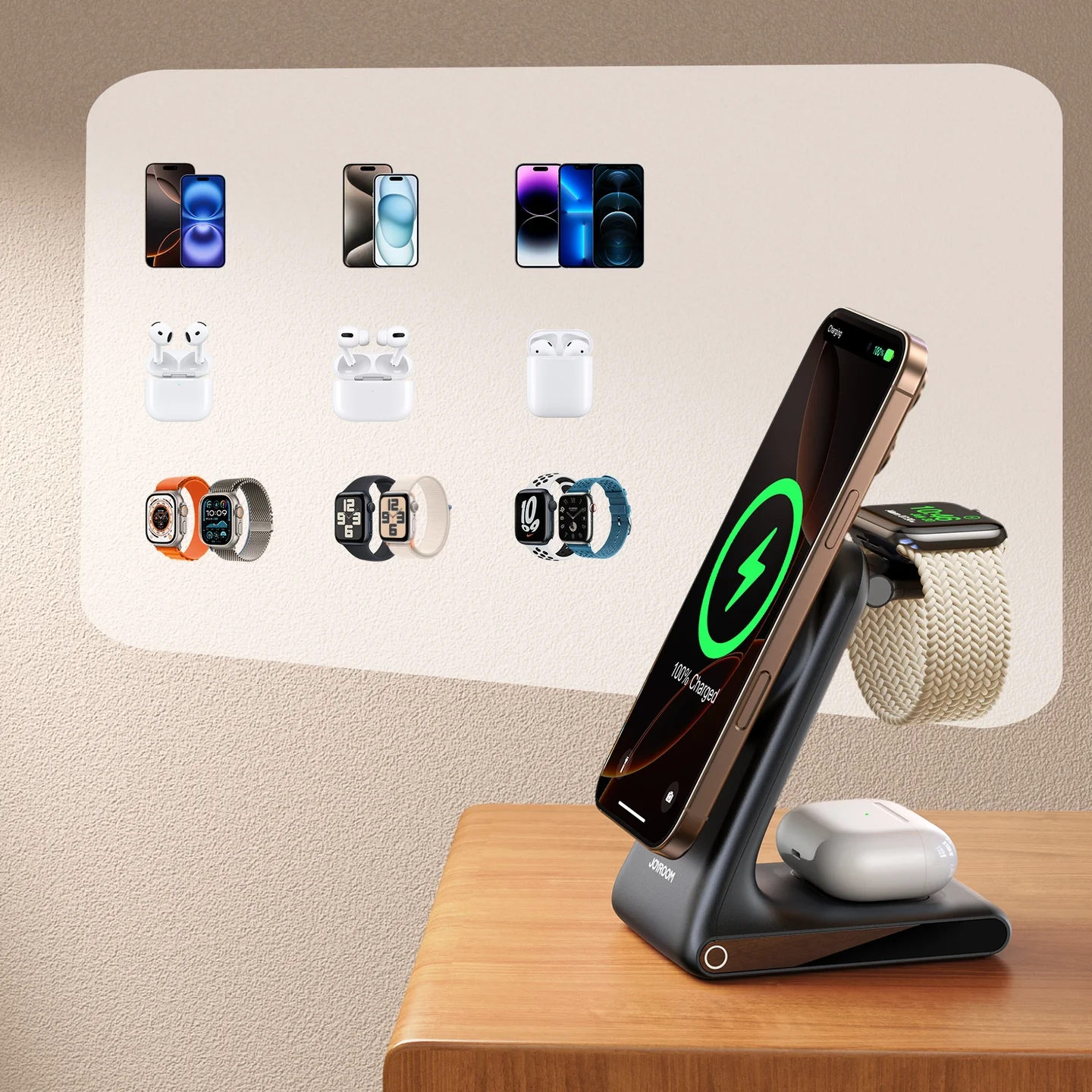 (15W) 3in1 MagSafe Qi Wireless Charger Ladestation für iPhone / Apple Watch / Airpods (JR-W15) - Schwarz