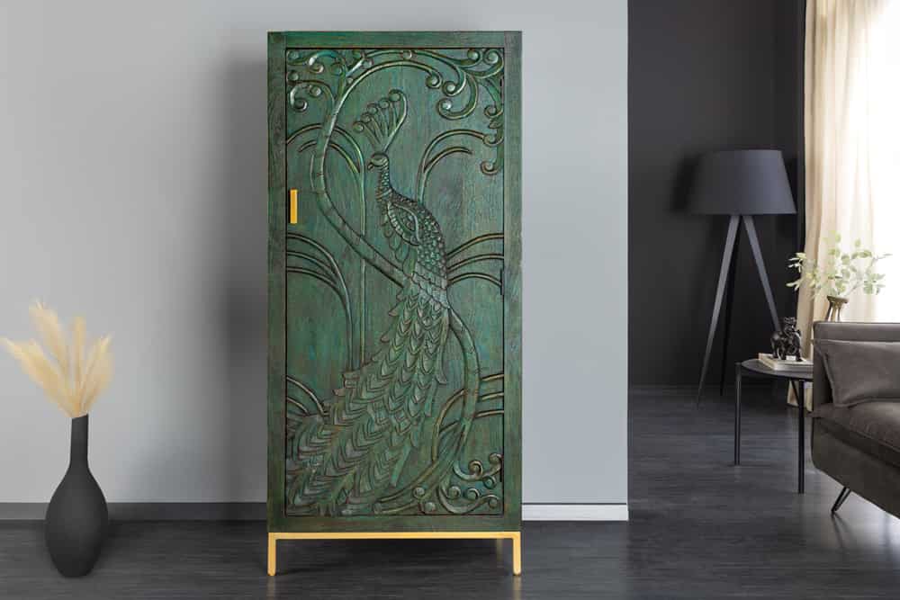 Massives Highboard PEACOCK 170cm grün Mangoholz antik 3D Schnitzerei Pfau-Design
