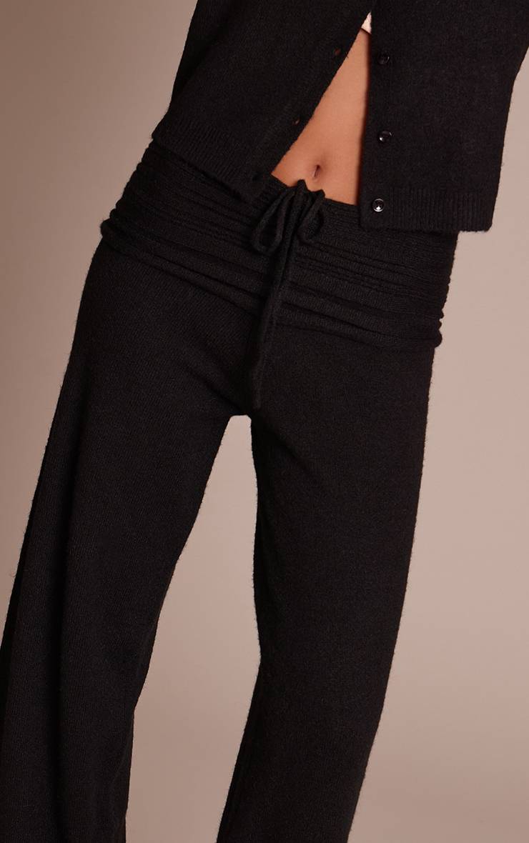 Noir Pantalon En Maille Côtelée Souple À Taille Repliée