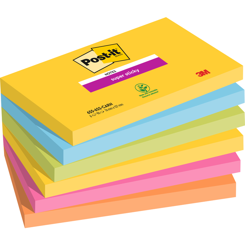 Post-it Haftnotizen Super Sticky Carnival, 76 x 127 mm, 6 x 90 Blatt