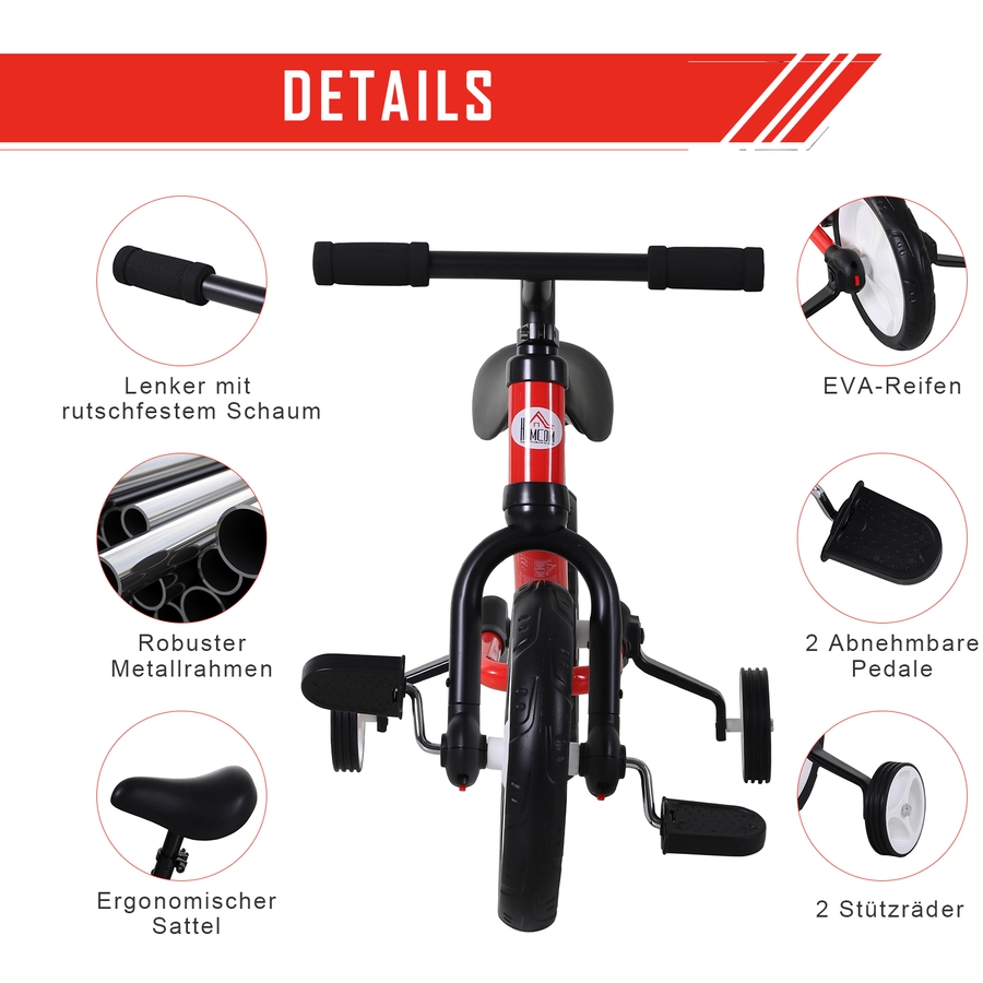 HOMCOM 2-in-1 Kinderfahrrad rot