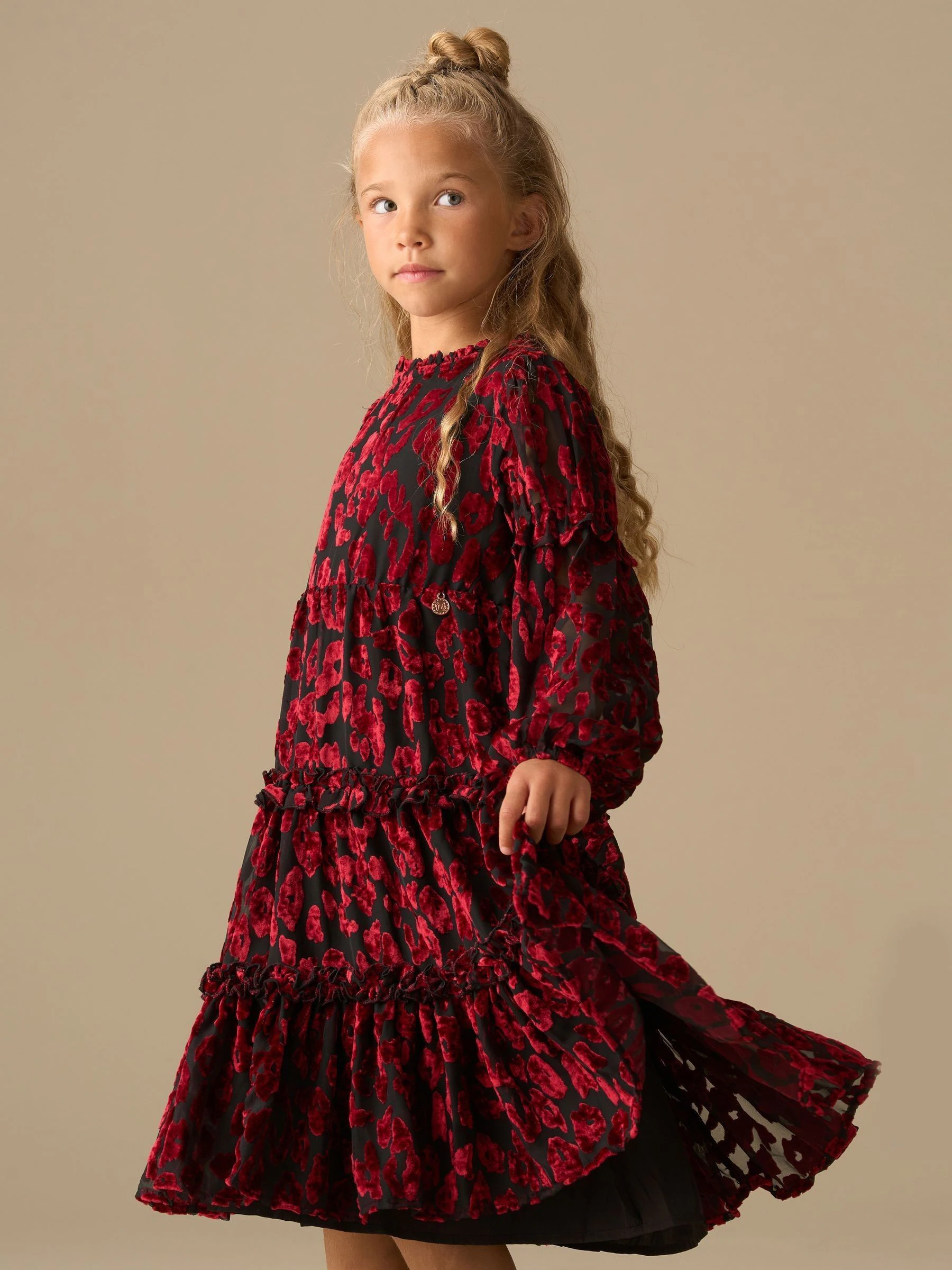 Rood - Angel & Rocket Poppy Devore Velvet Tiered Dress