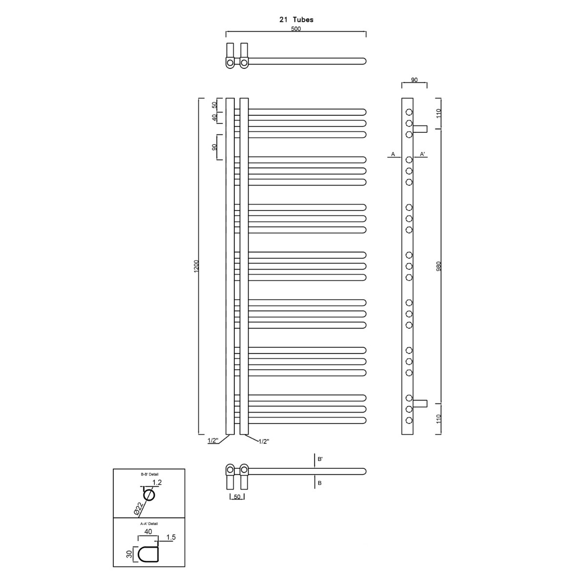 Sapho Dorlion handdoekradiator zwart mat 50x120cm 492W