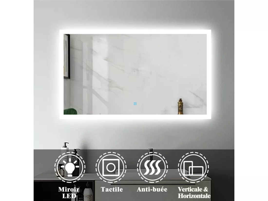 Miroir Lumineux LED Miroir de Salle de Bain Anti-buée Vertical/Horizontal 100 * 60cm Aica