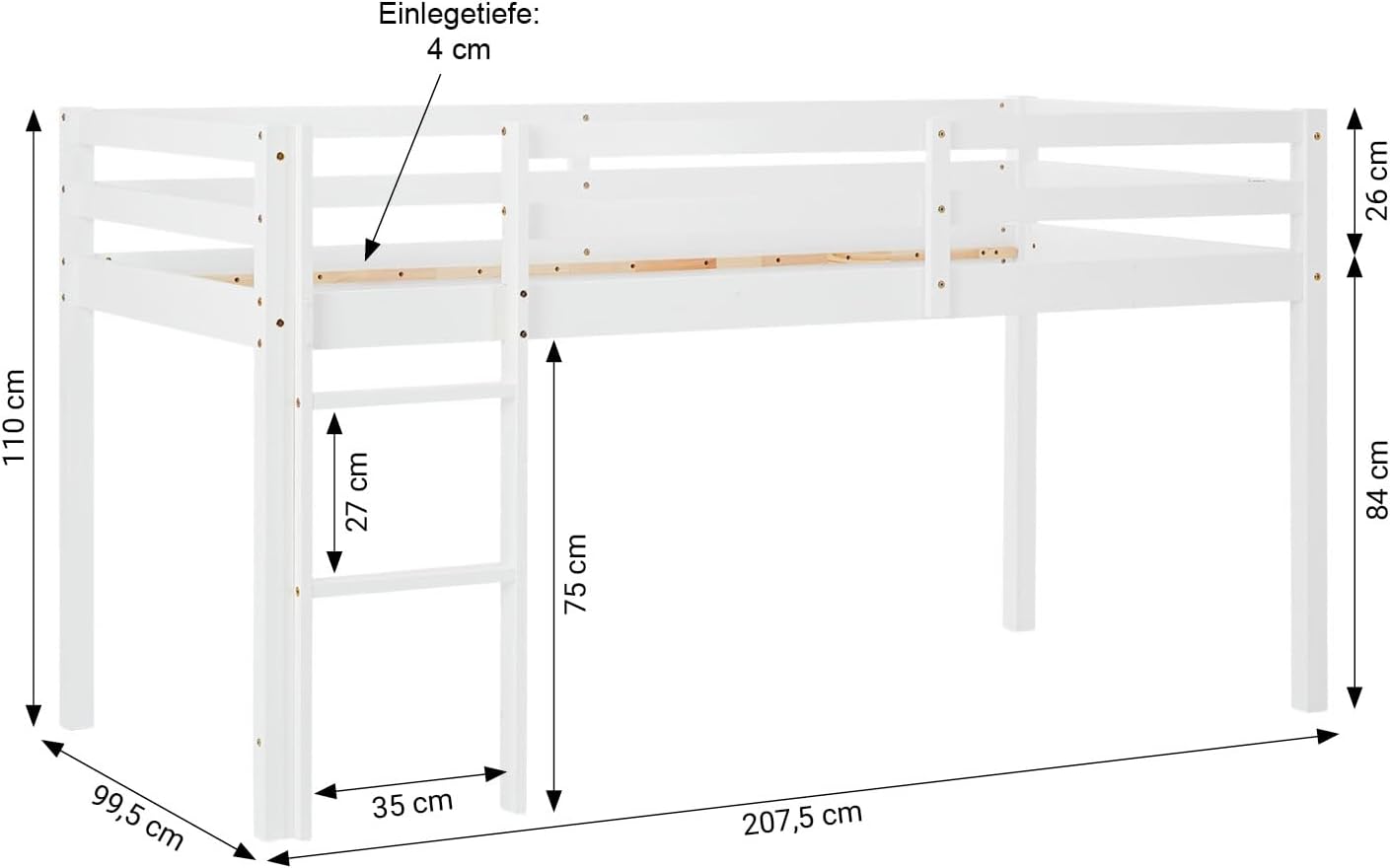 Homestyle4u Hochbett 90x200 Weiß Holz mit Treppe für Kinder Kinderbett mit Rausfallschutz Jugendbett Etagenbett Kiefer Massivholz | Artikel 1433