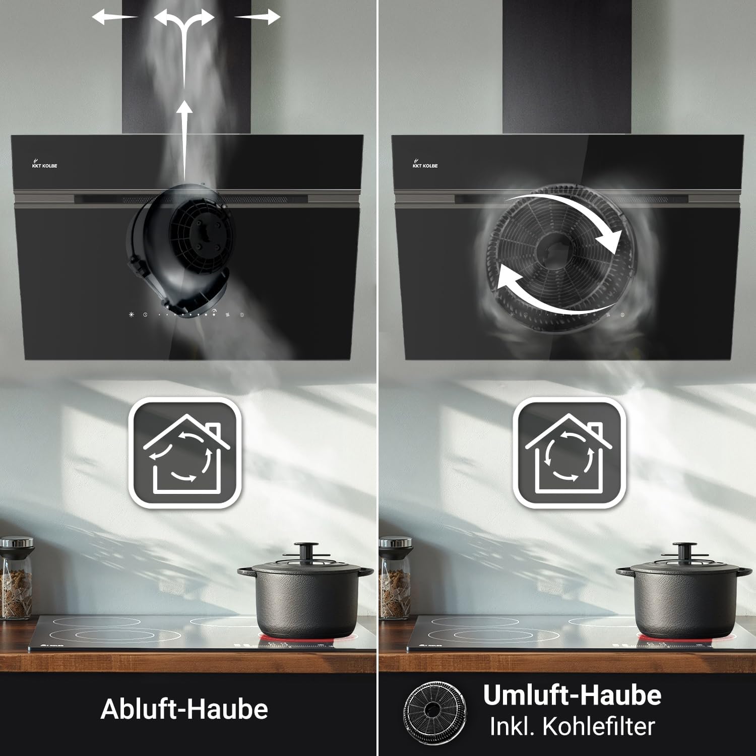 KKT KOLBE A+++ Dunstabzugshaube 60 cm 782 cbm/h Umluft Abluft Kopffrei Wandhaube | Schwarz | Glas | Nachlaufautomatik | Smart WiFi App WLAN | SensorTouch | RGBW LED-Beleuchtung | AURORA6005FB