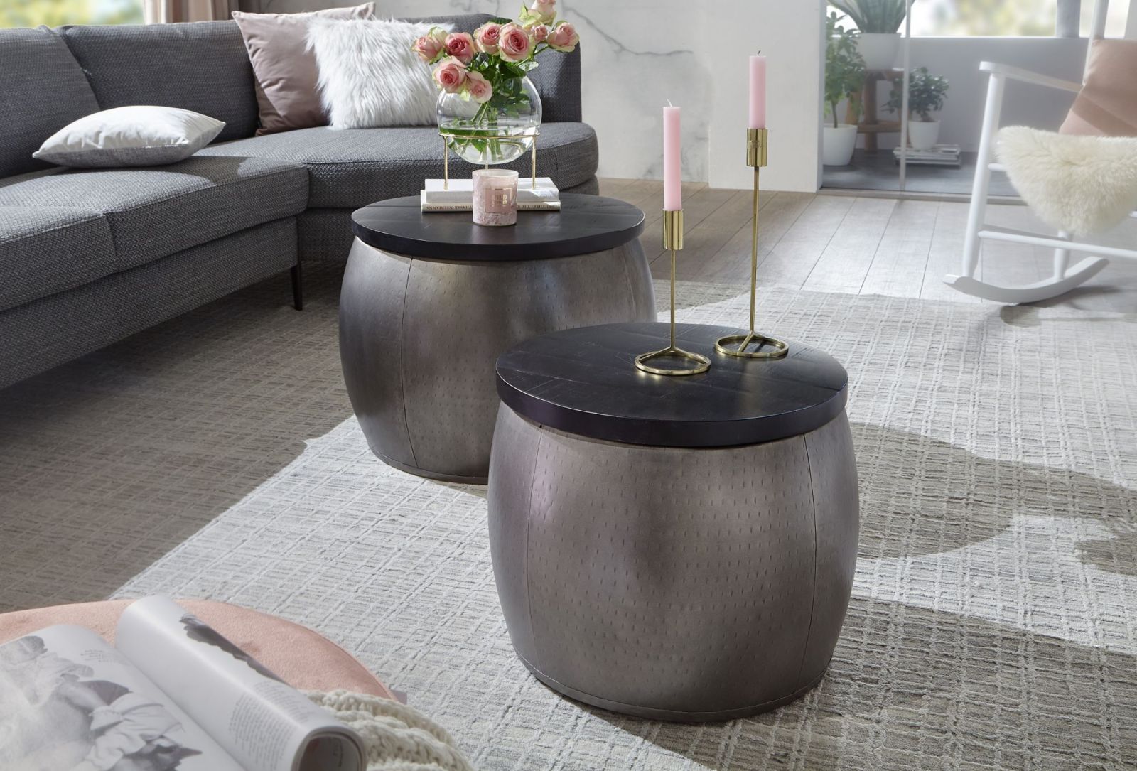 2er-Set Couchtisch - silber-schwarz - Mango massiv