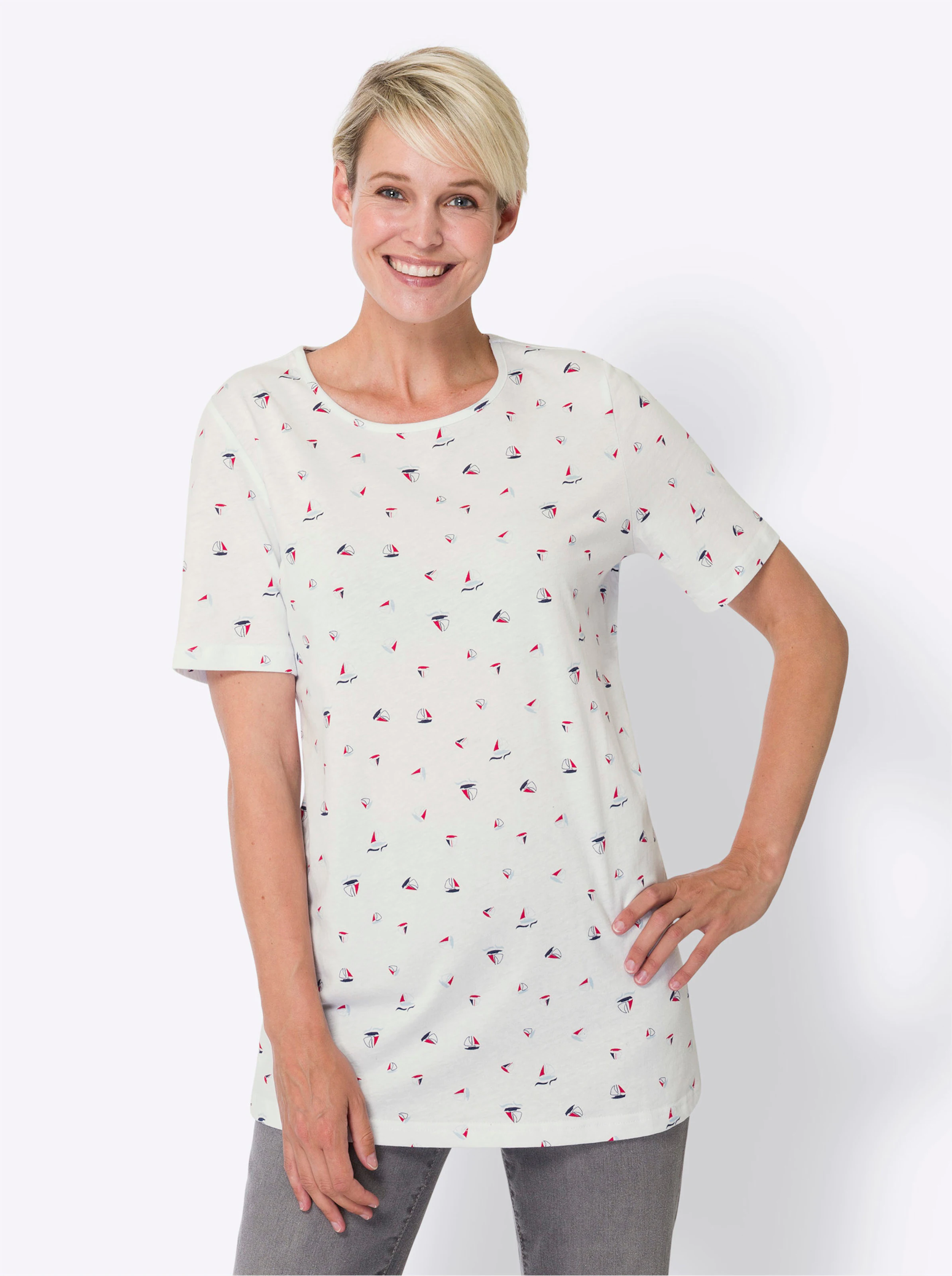 Longshirt in weiß-rot-bedruckt