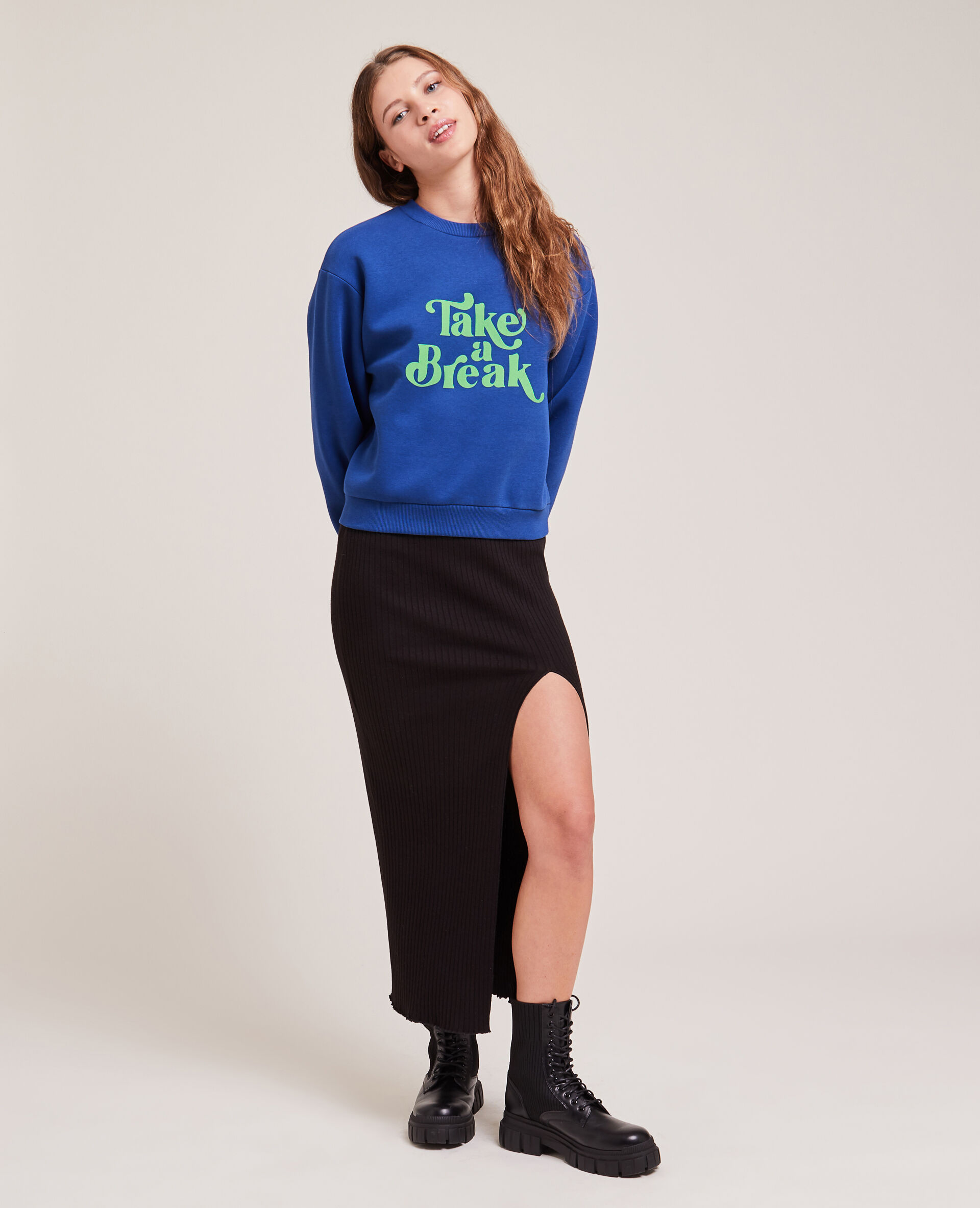 Sweat col rond avec flocage - Bleu foncé