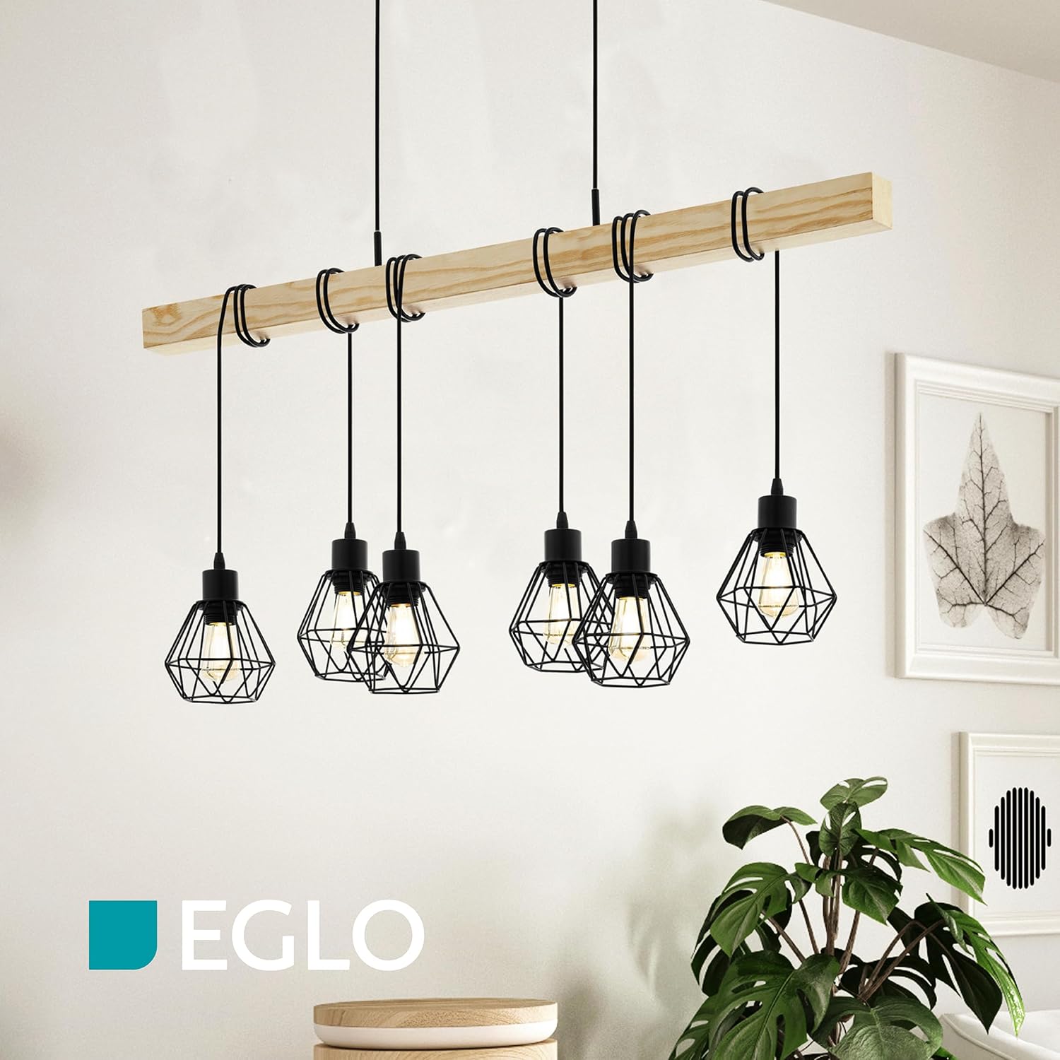 EGLO Pendellampe Townshend 5, 6 flammige Vintage Pendelleuchte im Industrial Design, Retro Hängelampe aus Stahl und Holz, Farbe: Schwarz, braun, Fassung: E27