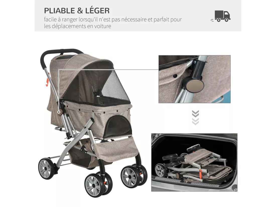 Poussette buggy pliable chien chat panier et sac de rangement attaches sécurité housse réglable poignée réversible acier Oxford marron chiné noir