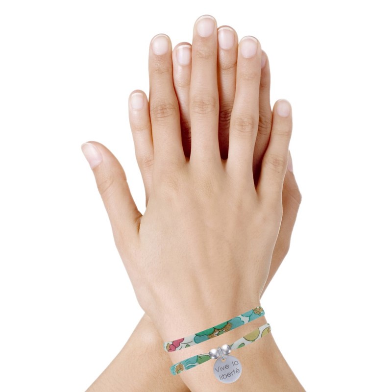 Bracelet Double Tour Lien Liberty et Médaille Vive la Liberté Argent - Vert