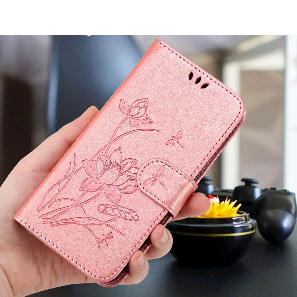 iPhone 13 Pro Leder Tasche Flip Cover Lotus Blumen Imprint - Roségold
