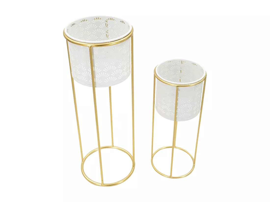 Porte-vases Whity - Lot de 2 pièces en métal blanc et doré - Ø 17x46 cm et 14x34 cm - Décoration géométrique régulière - Supports amovibles