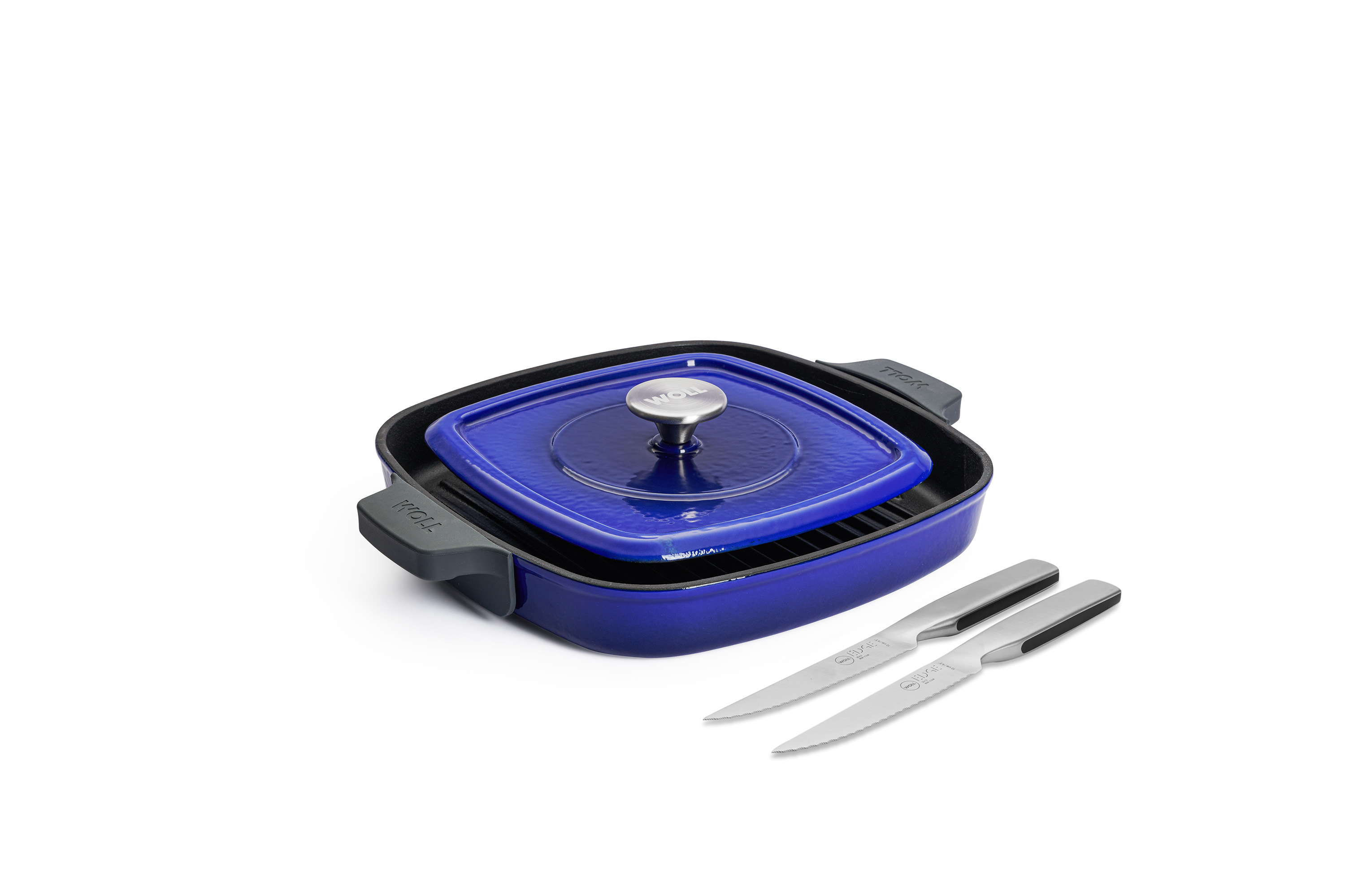 Iron Guss-Grillpfannen-Set mit 2 Steakmessern - Farbe: Cobalt Blue