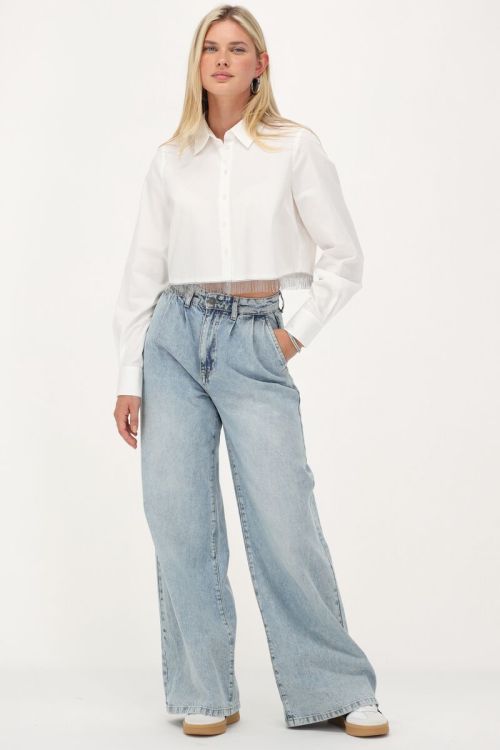 Witte cropped blouse met glitter franjes