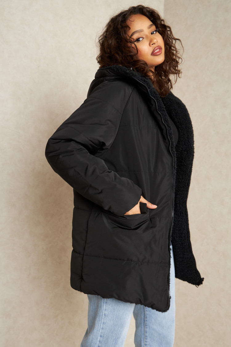 Doudoune noire reversible à capuche fourrée