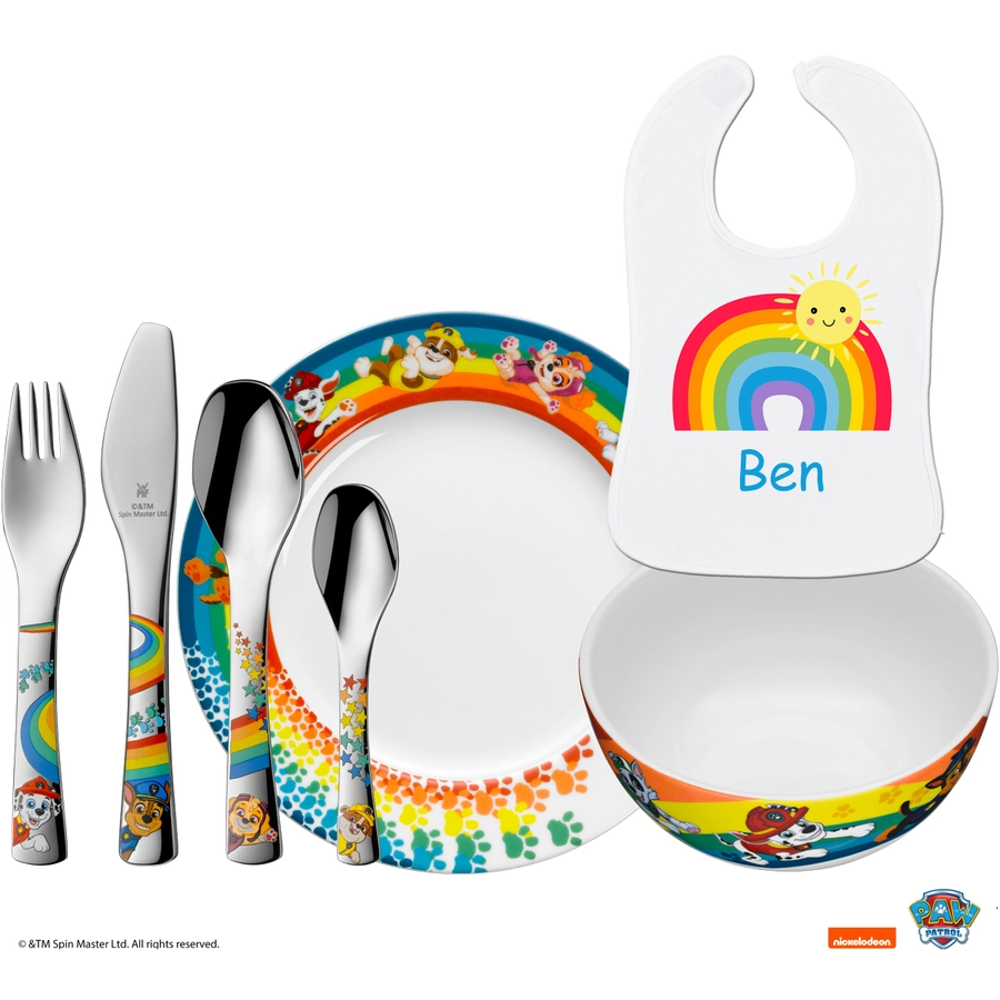 Schnullireich Geschenkset mit Namen Paw Patrol: WMF Kinderbesteck + TellerSchale+ Lätzchen Silber