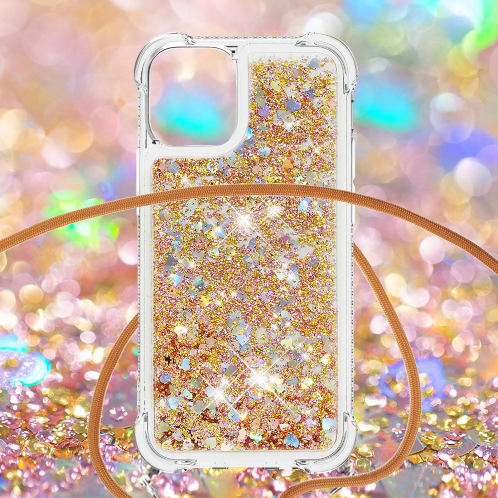 iPhone 13 Necklace Gummi Hülle Liquid Glitzer   Handykette (130cm) - Braun / Gold