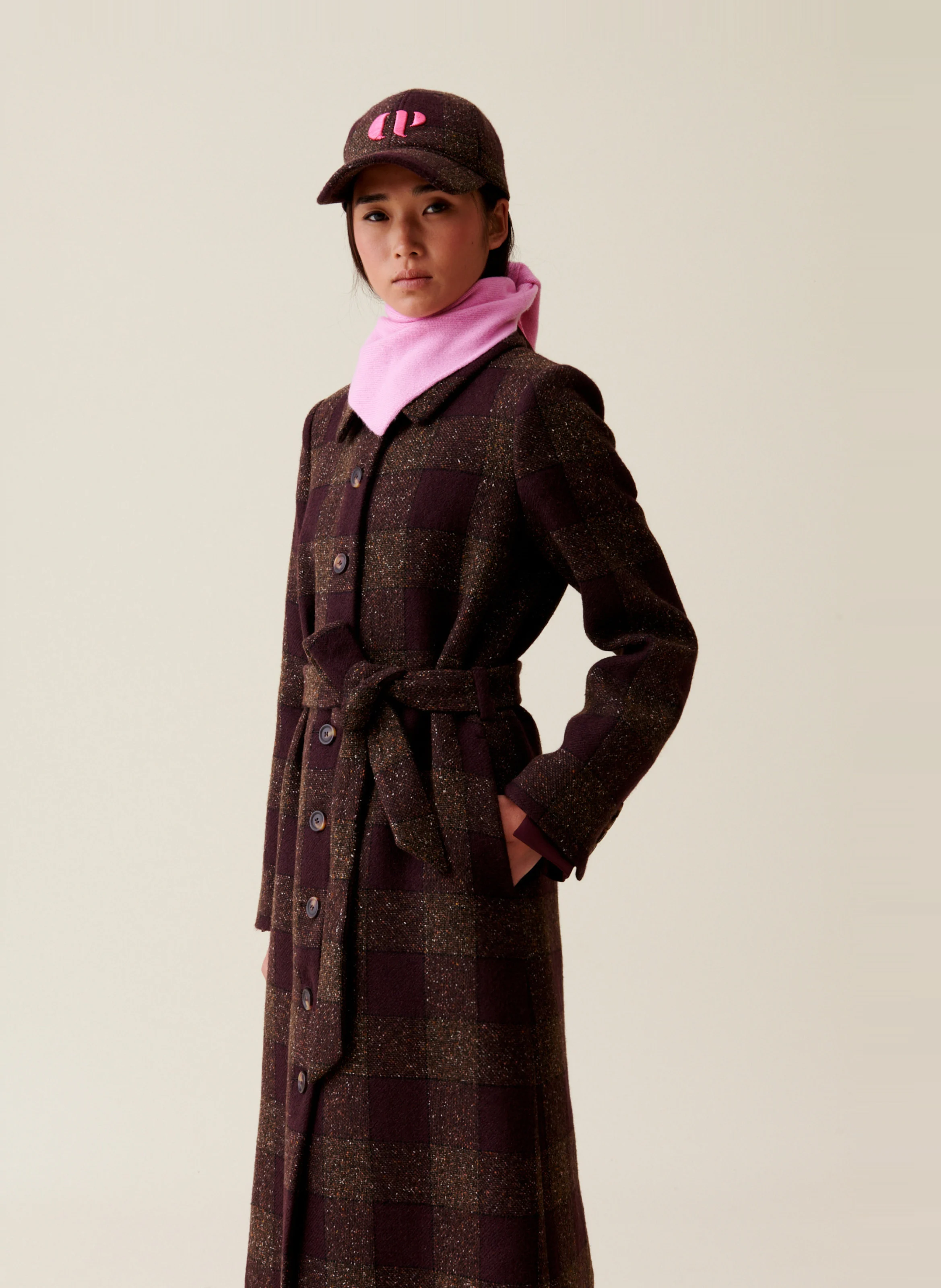 Manteau col classique droit en laine et coton mélangé | Multicolore
