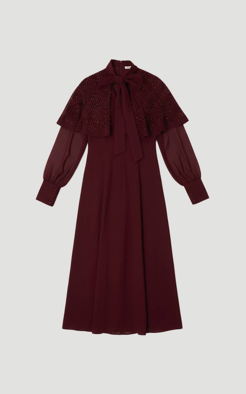 KarenMillen Robe Maxi Tissée à Cape avec Détail Col Noué et Clous Thermocollés