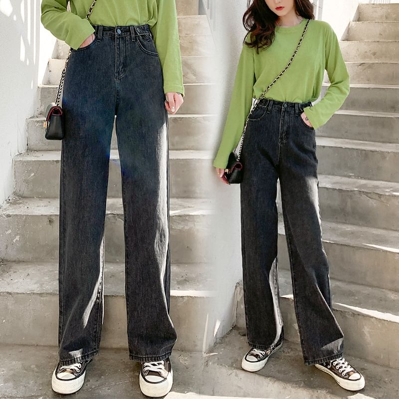 Denimot - High-Waist Washed Loose Fit Jeans (ongeopende knoopsgaten)