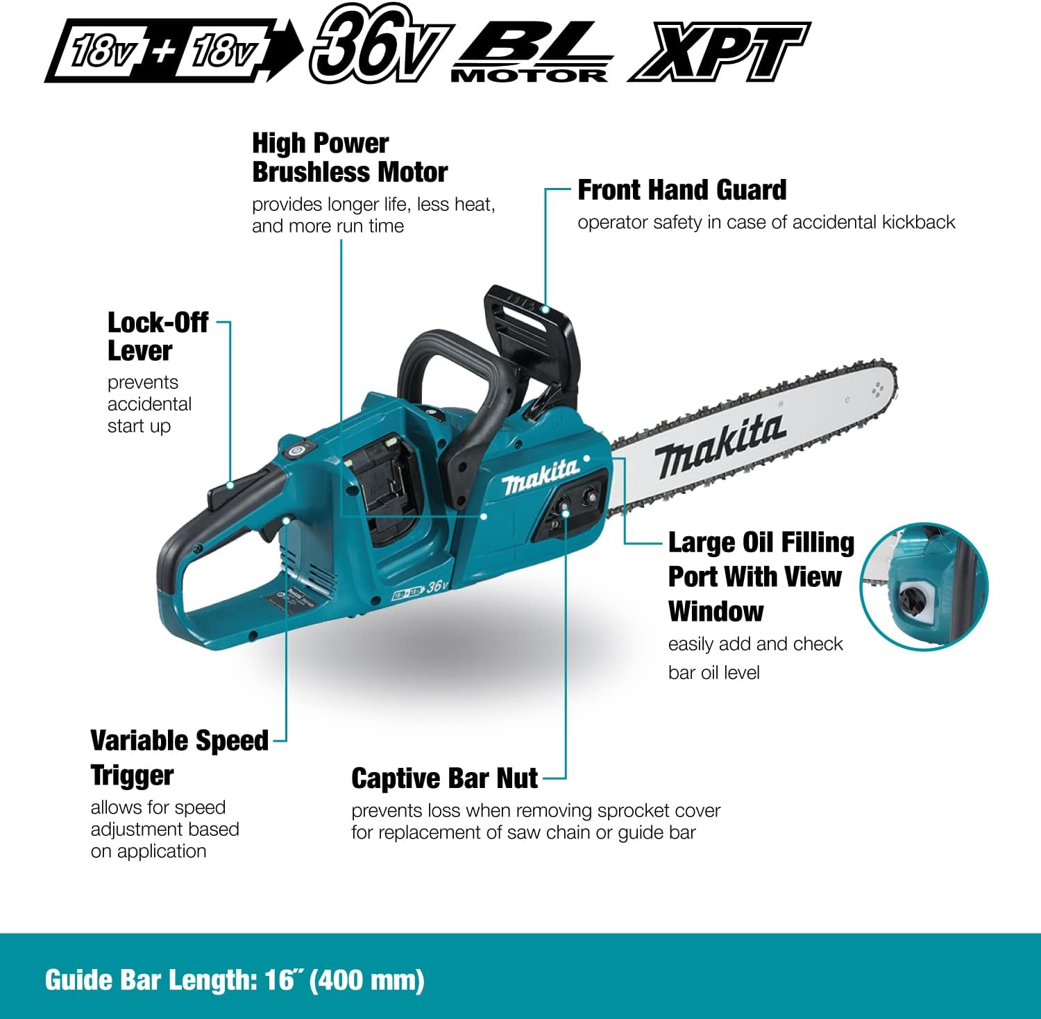 Makita DUC405Z Twin 18V (36V) Li-ion LXT Brushless 40cm Kettensäge - Batterien und Ladegerät nicht im Lieferumfang enthalten