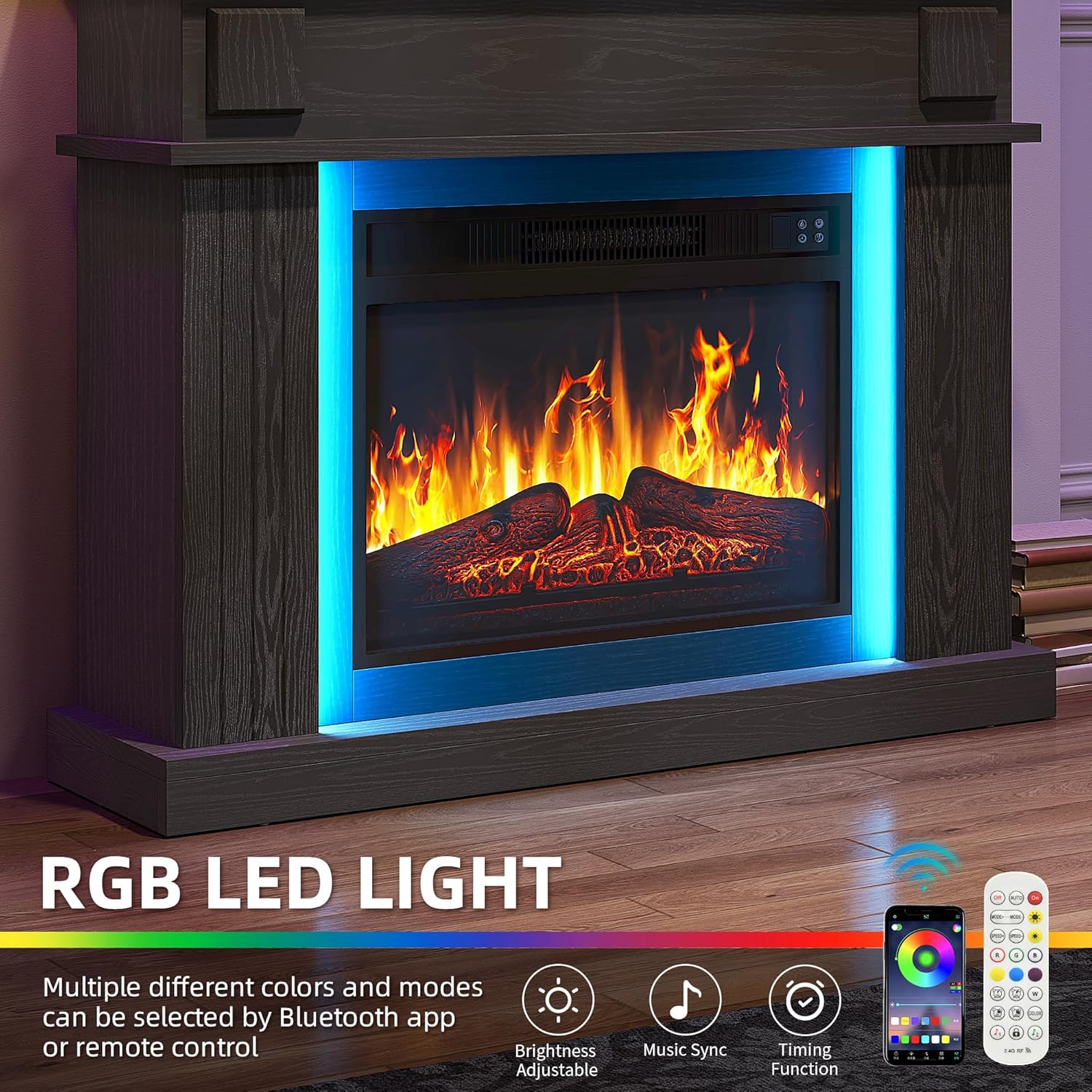 YITAHOME Elektrokamin, 23inch Realistischer 3D Flammeneffekt Erwärmungsfreistehender Elektrischer Kamin mit Timer und 24-Farb-LED-Lichtband und Fernbedienung