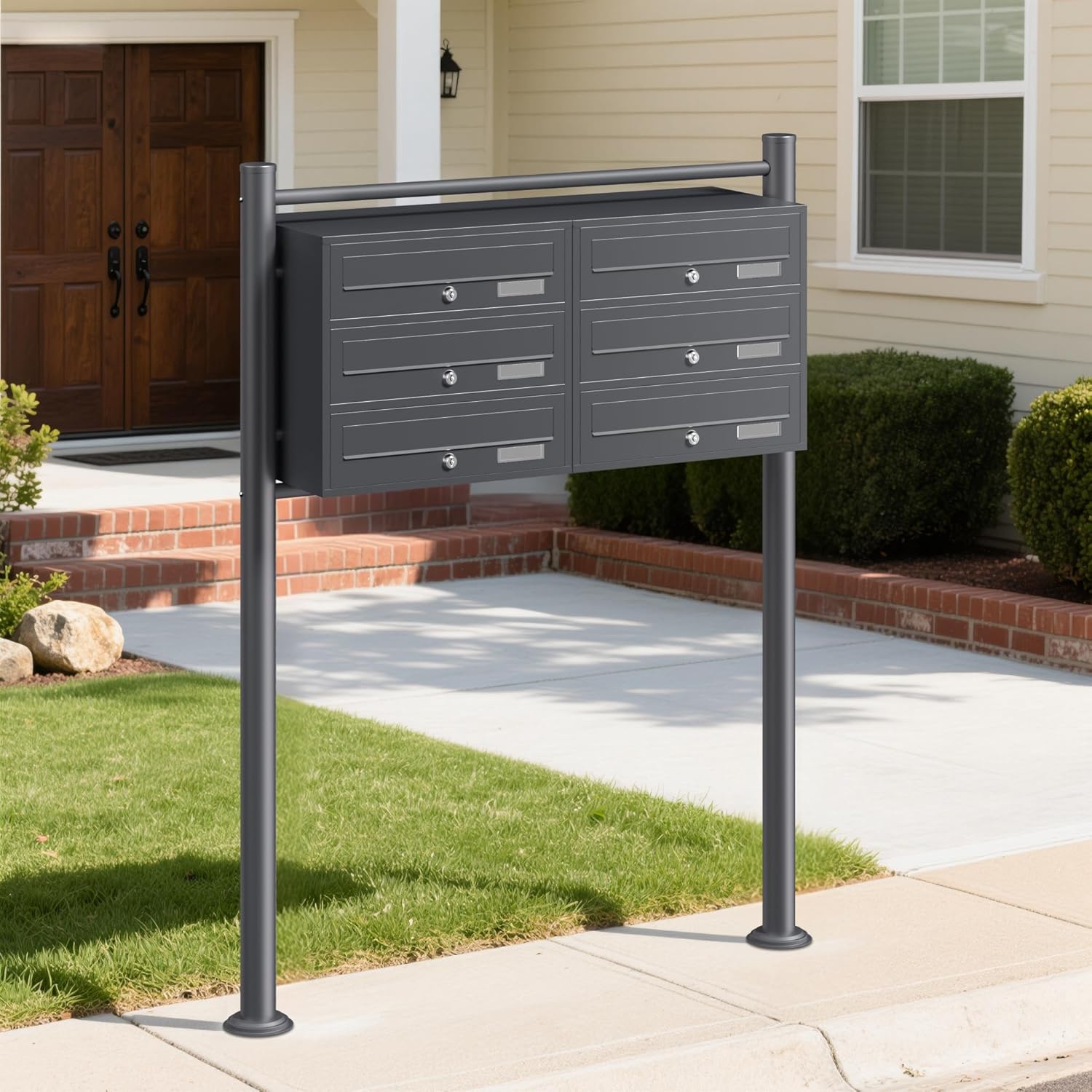 Wiltec 6er Briefkastenanlage Anthrazit 945 x 270 x 1200 mm, Standbriefkasten mit 2x3 Fächern, Schlüssel und Namensschild, Briefkasten Postkasten mit Ständer