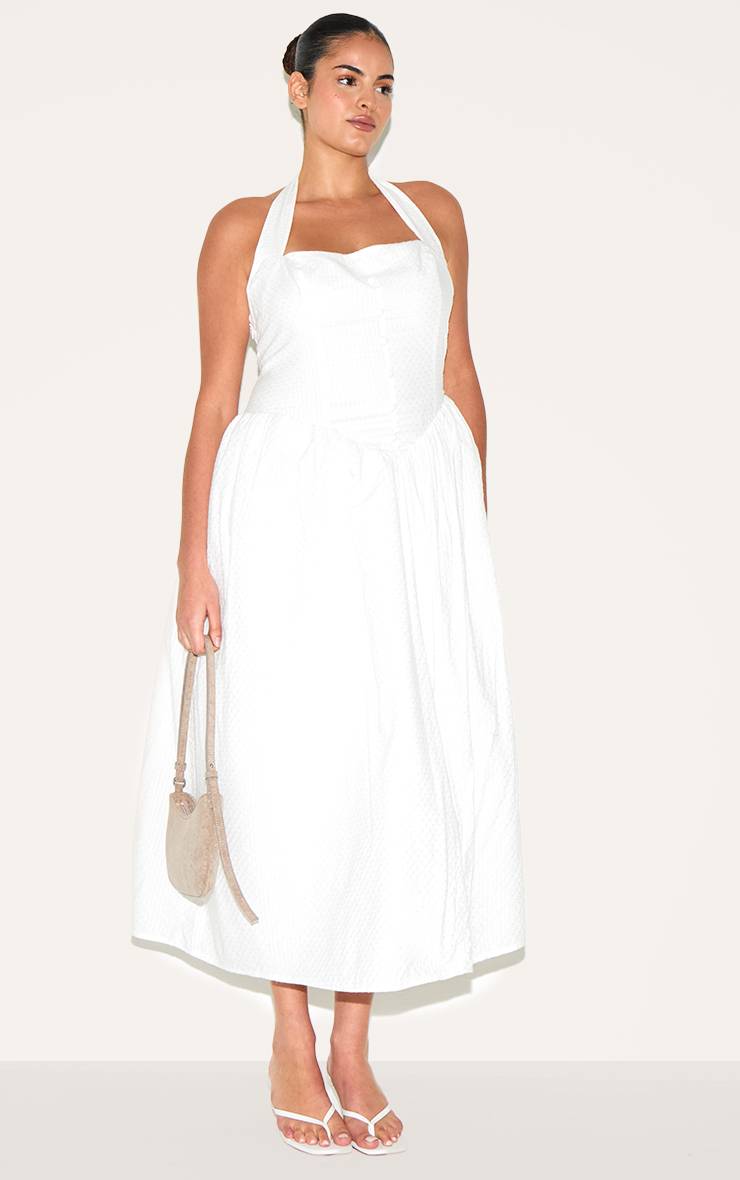 Blanc Robe Mi-longue Grande Taille En Coton Brodé À Encolure Américaine