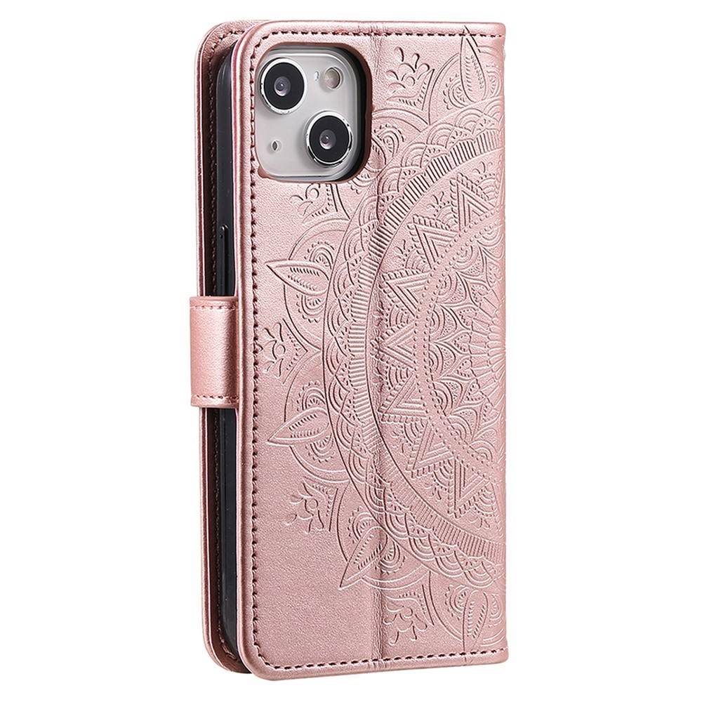 iPhone 14 Leder Tasche Wallet - Mandala Flowers Imprint - Roségold