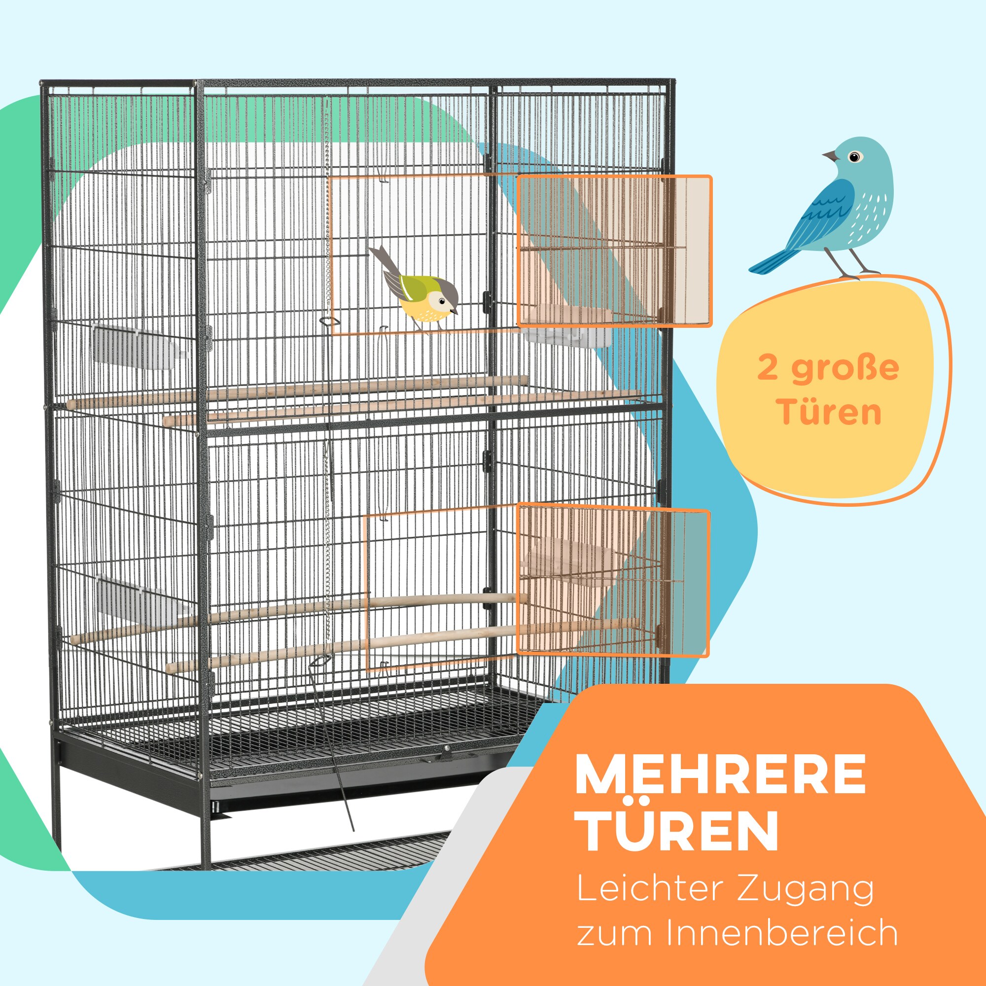 PawHut Vogelkäfig mit Rollen grau 94L x 57B x 153H cm