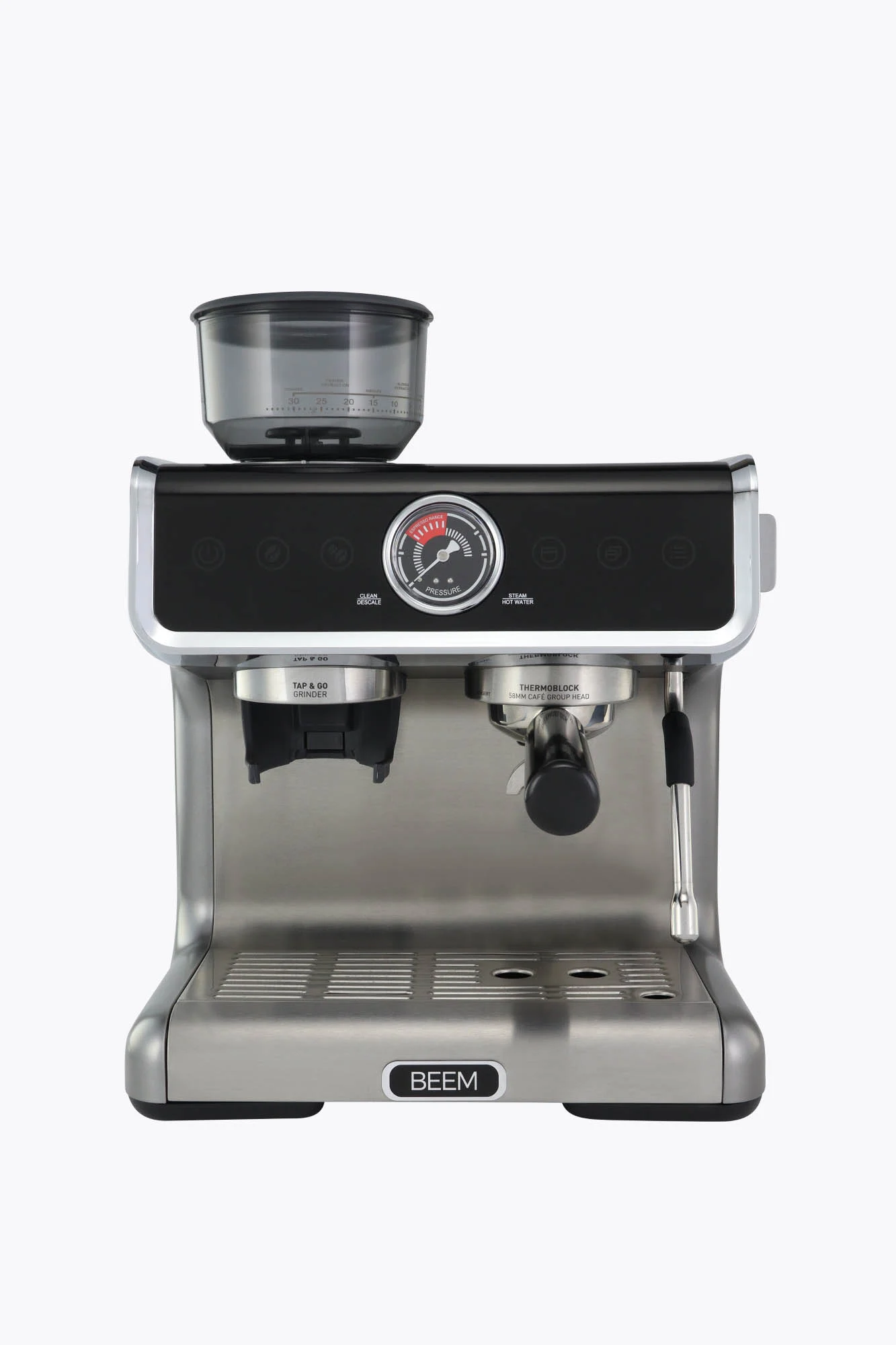 BEEM Siebträgermaschine Grind Profession Edelstahl/Schwarz mit Mahlwerk