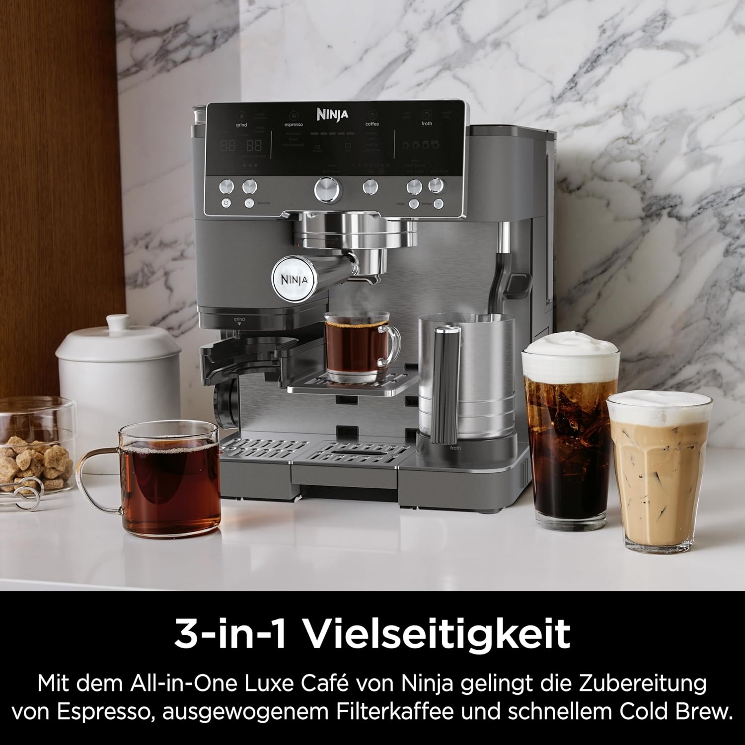 Ninja Luxe Premier 3-in-1 Kaffeemaschine, für Espresso, Cold Brew & Filterkaffee, 4 automatische Schaumeinstellunge, Grau-Metall, ES601EUGM