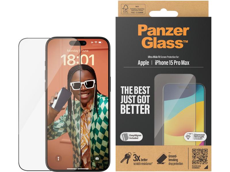 Panzerglass Displayschutz Ultra Wide Fit iPhone 15 Pro Max Display-Schutzfolie mit Applicator für das Apple iPhone 15 Pro Max