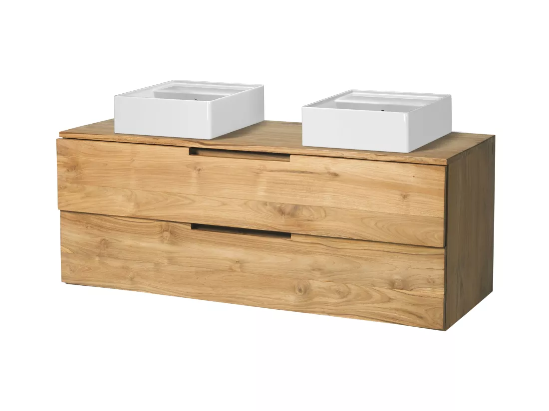 Meuble de salle de bain suspendu en teck clair avec double vasque - 2 tiroirs - 115 cm - BIMBING