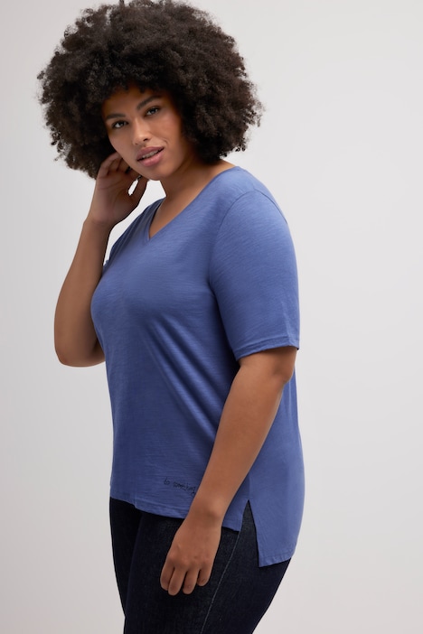 T-Shirt, Saumdruck, V-Ausschnitt, Halbarm, Biobaumwolle