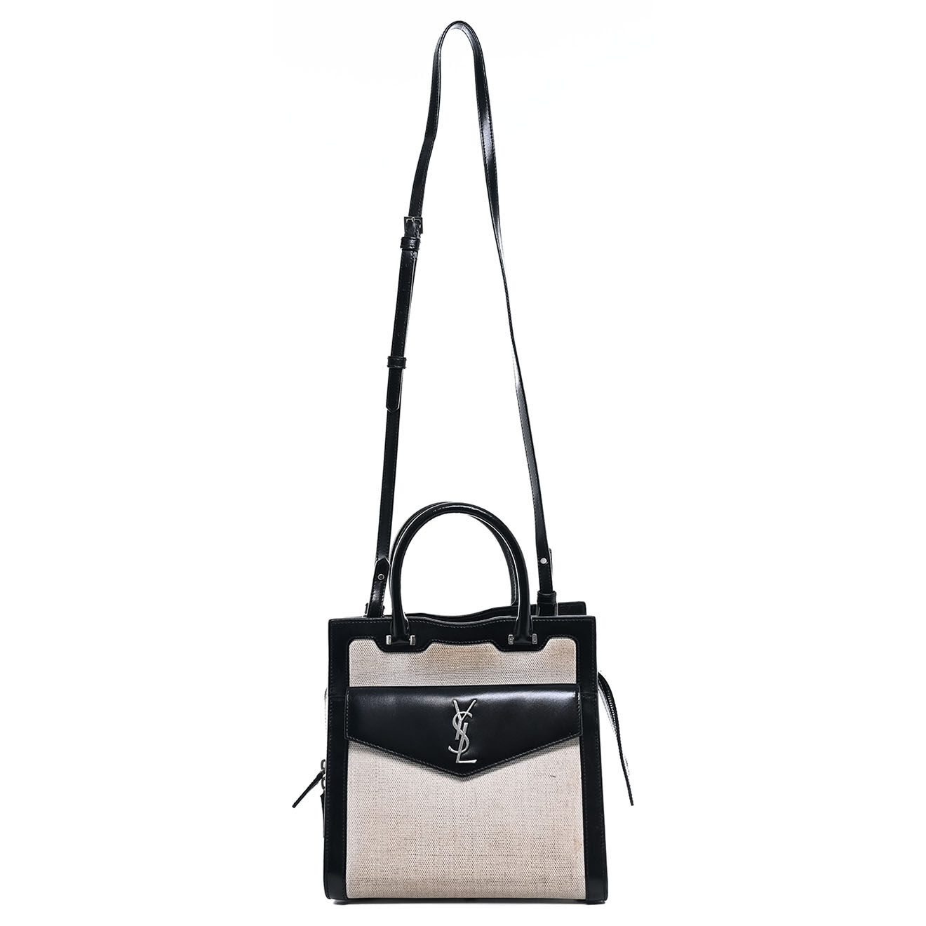 Saint Laurent Sac bandoulière Uptown Canvas & Cuir box écru - État correct - L.23 cm