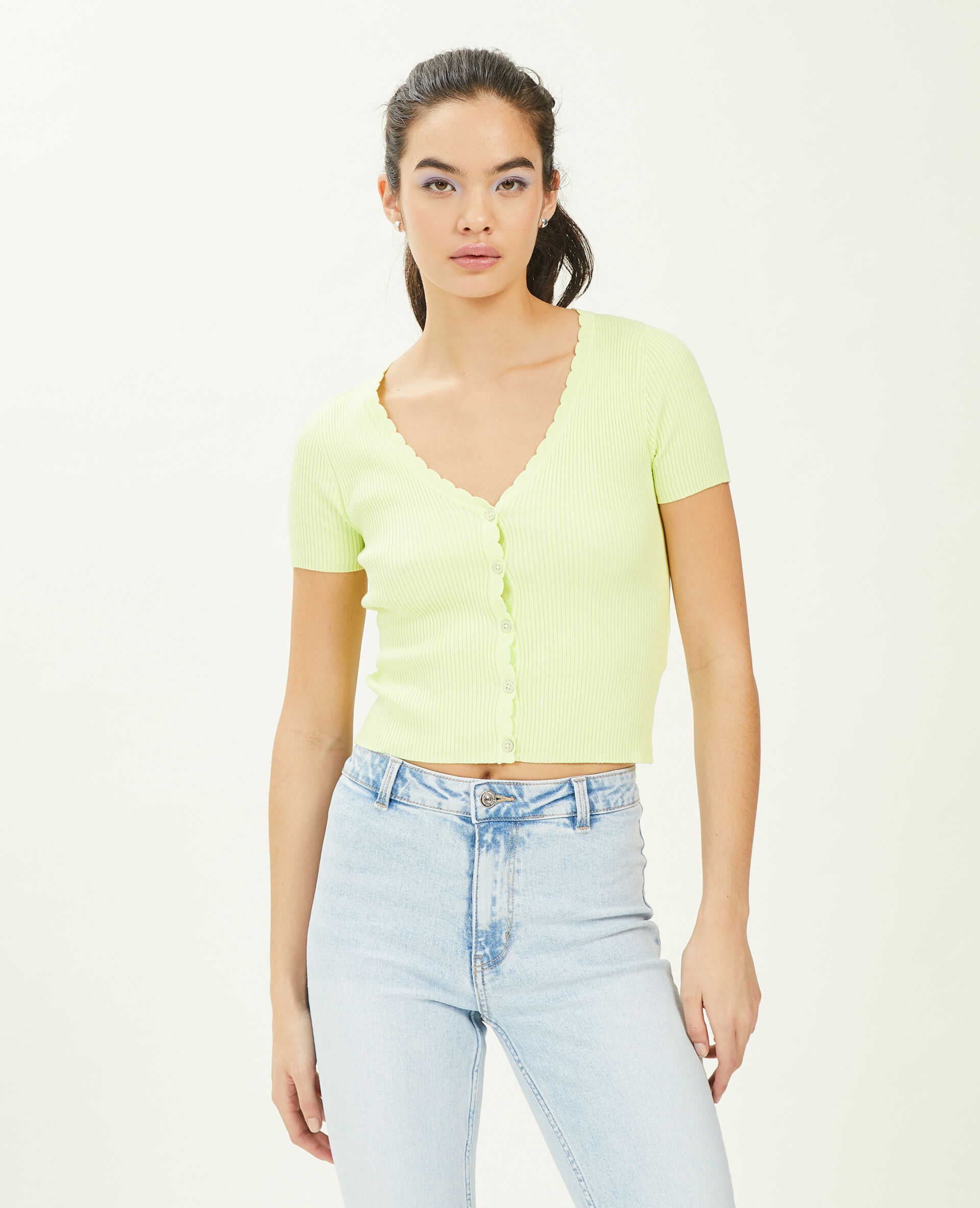Top boutonné maille côtelée - Vert anis