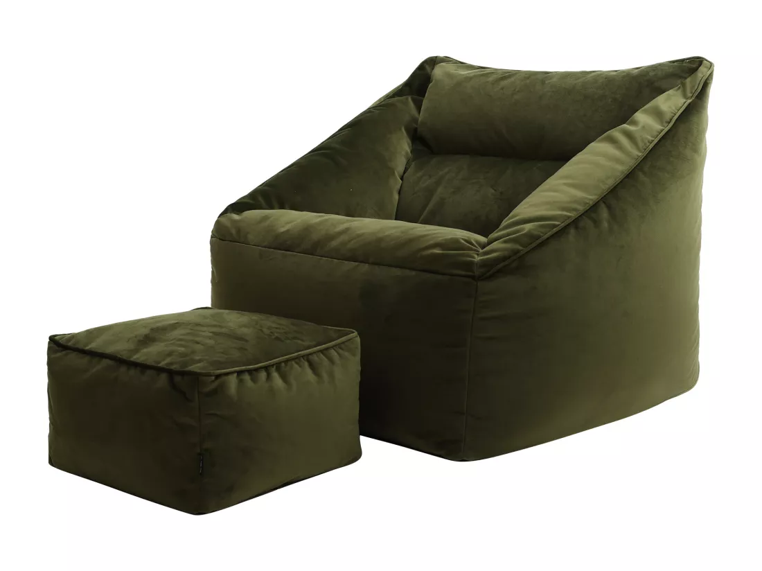 Pouf fauteuil avec repose-pied carré velours vert olive - NATALIA