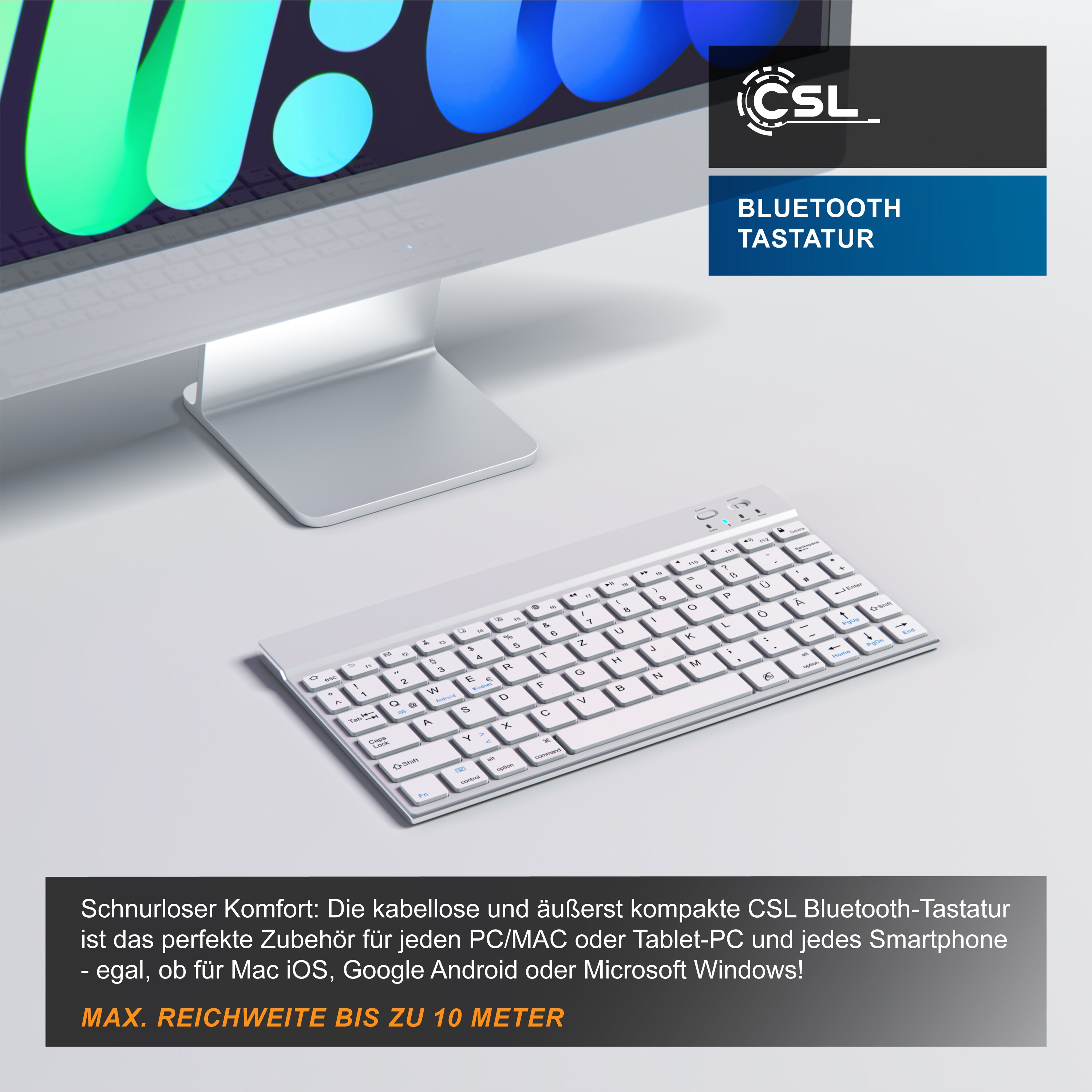 CSL Wireless-Tastatur, Ultra Slim Keyboard, Bluetooth, Aluminium Gehäuse, DE Layout, BT 3.0, weiß