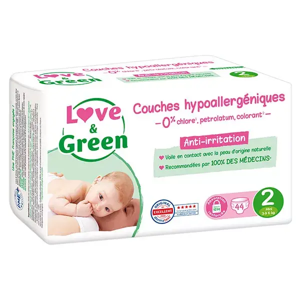 Fralda hipoalergênica Love & Green para bebês, tamanho 2 (3-6 kg), pacote com 44 unidades.